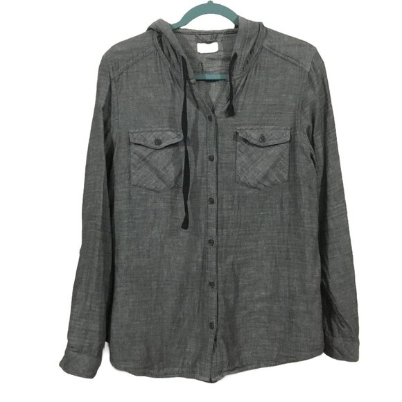 Boston Traders Grey Button Up Contrasting Lined Roll Tab Sleeve Hoodie Shirt Lg. - Picture 1 of 10